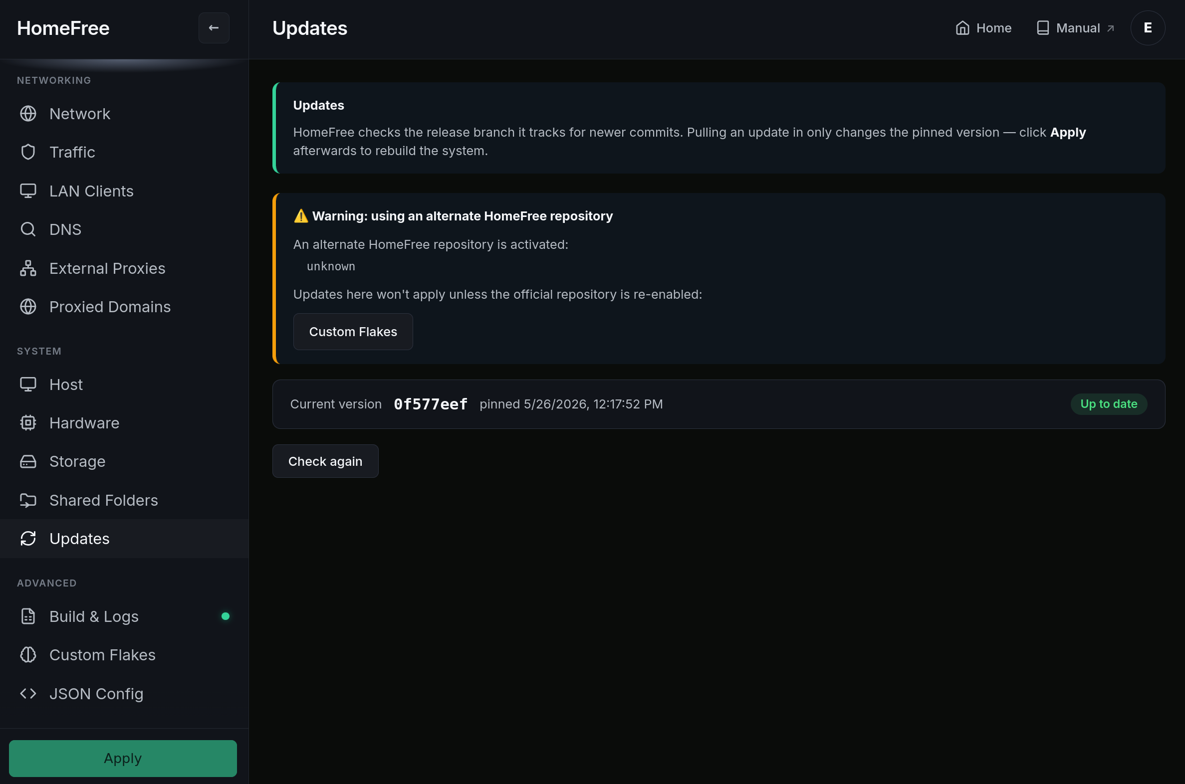 HomeFree Updates page with upgrade and rollback controls